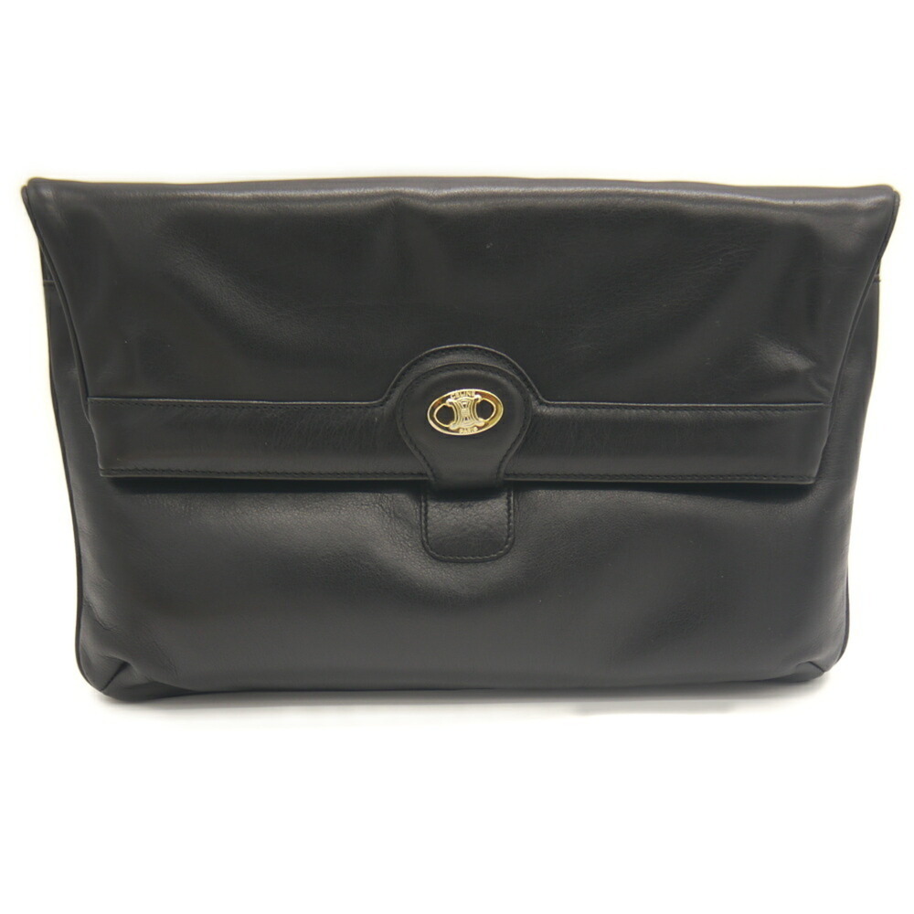 CELINE Blazon Leather Clutch Bag Chain Shoulder Black